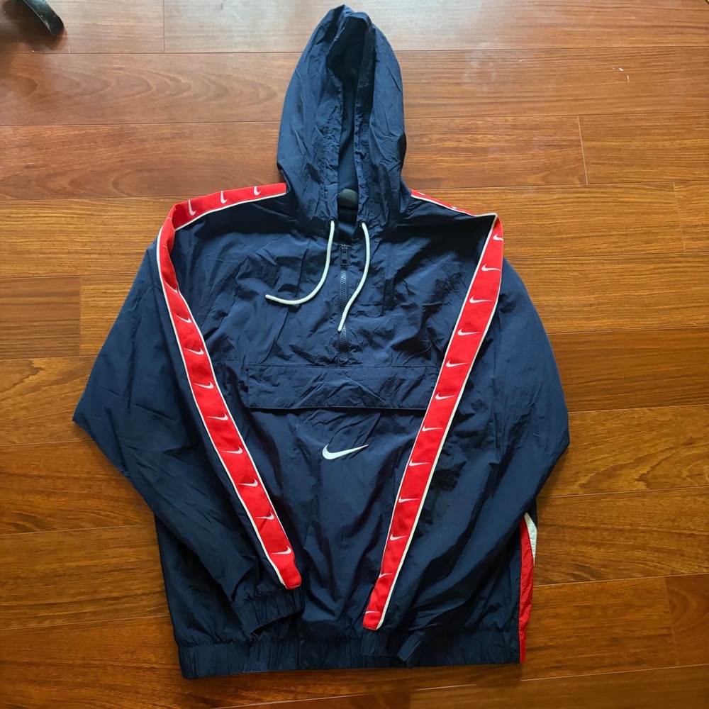 Nike Mens Anorak Windbreaker Medium Navy Blue Big Swoosh Taped Logo Pullover